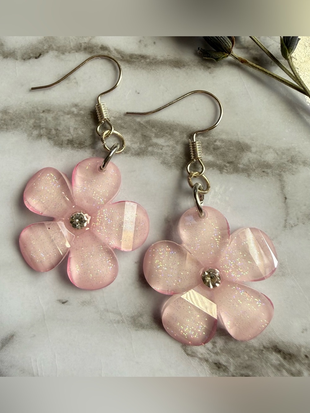 Pink Flower Dangle Earrings with Crystal Accent